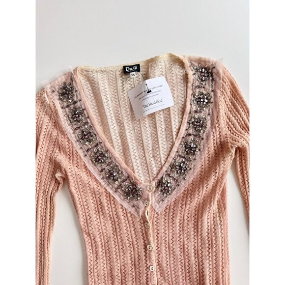 D&G DOLCE & GABBANA Pink Pointelle Knit Embellished Cardigan Sweater, Size XS - Picture 6 of 16